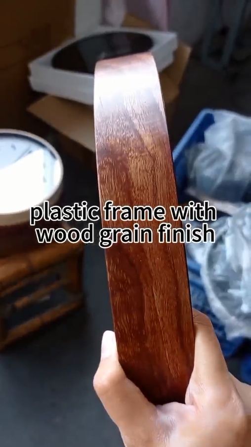 plastic wall clock with wood finish
